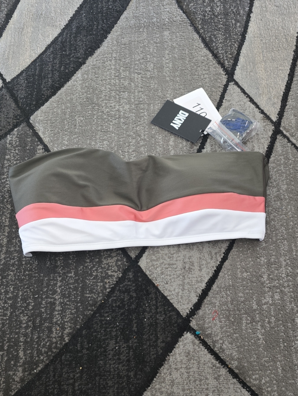 DKNY Olive Green Strapless Bandeau Bikini Top with Pink and White Bands